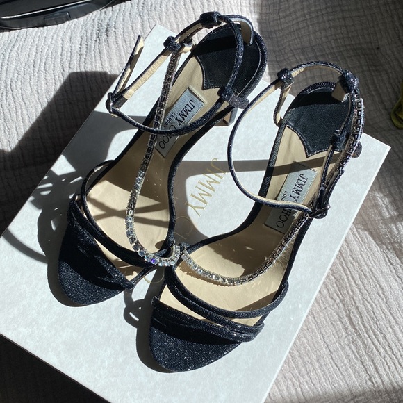 ✨JIMMY CHOO Thaia 100 Strappy High-Heel Crystal Sandals Black Size 39.5 ✨ - Picture 9 of 14